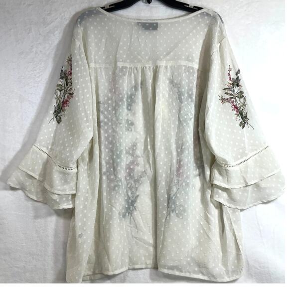 GIA Boho Top XXL White Oversized Sheer Floral Print Peasant Plus Flutter Tassel - Picture 6 of 16